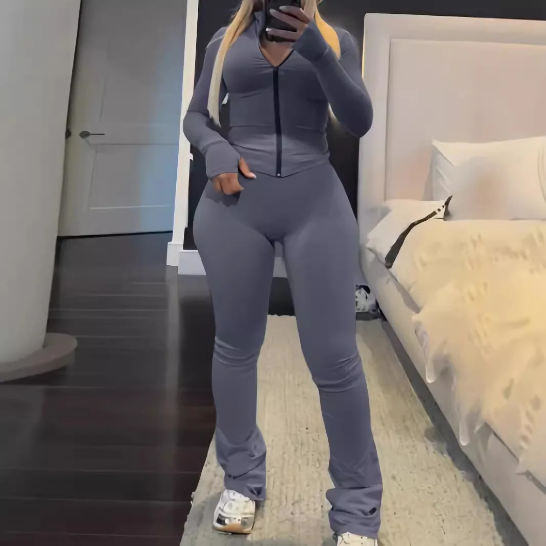 

Женские тонкие брюки-карандаш с длинным рукавом и воротником-стойкой на молнии Suis Jogger с эластичной резинкой на талии Спортивные облегающие одинаковые комплекты Комплект из двух предметов