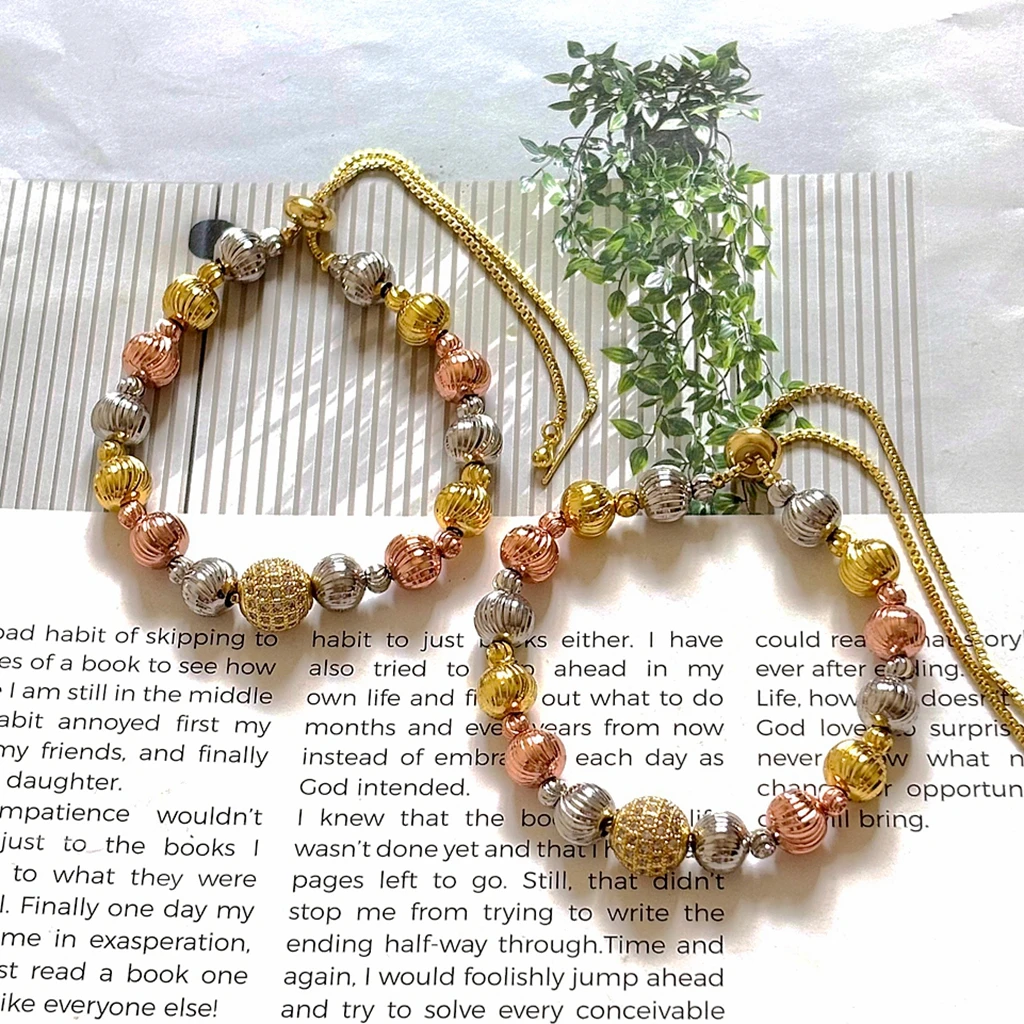 Fashion Tri Color Texture Beaded Bracelet for Women, Gold Plated Adjustable Chain Charm Bracelets, Fashion Unique Jewelry Gifts