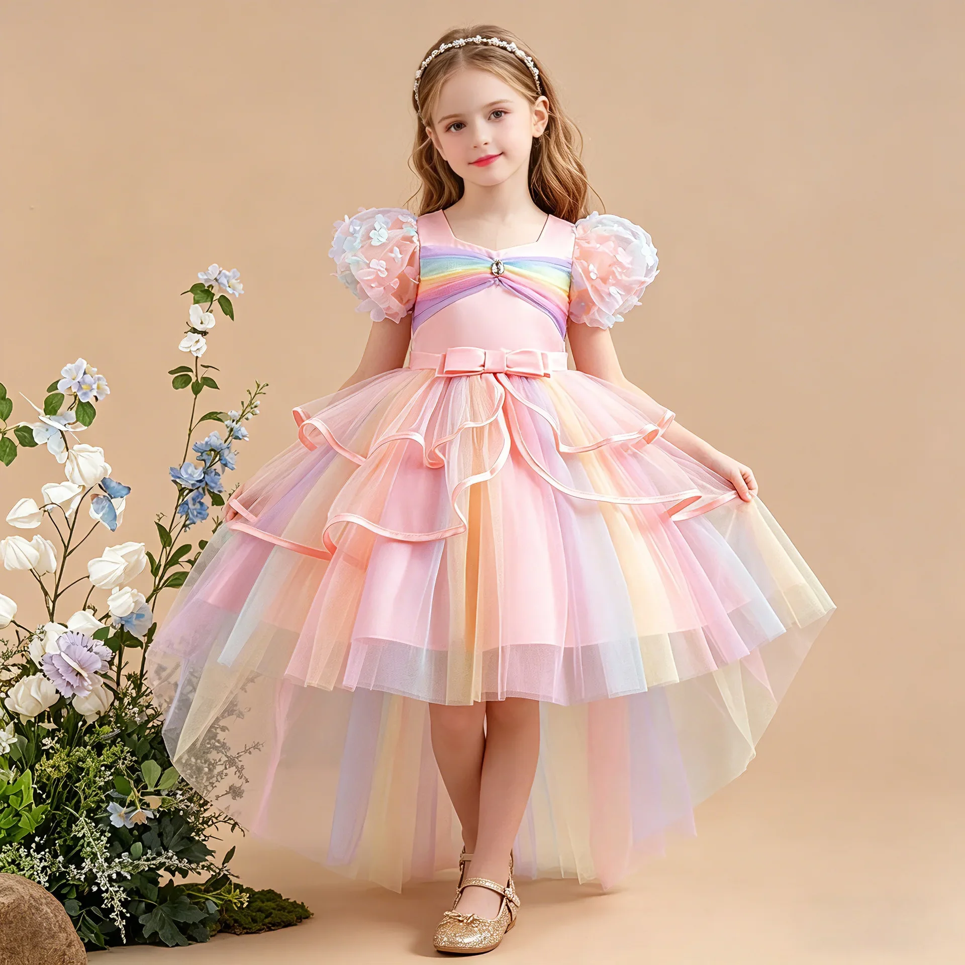 Rainbow Trail Tulle Princess Dress for Girls Kids Children's Birthday Party Graduation Ceremony Wedding Frock 3-12 Years