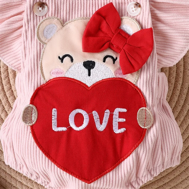 Newborn Girl Outfit Fly Sleeve Cartoon Bear Heart Romper with Hairband Valentine’s Day Clothes