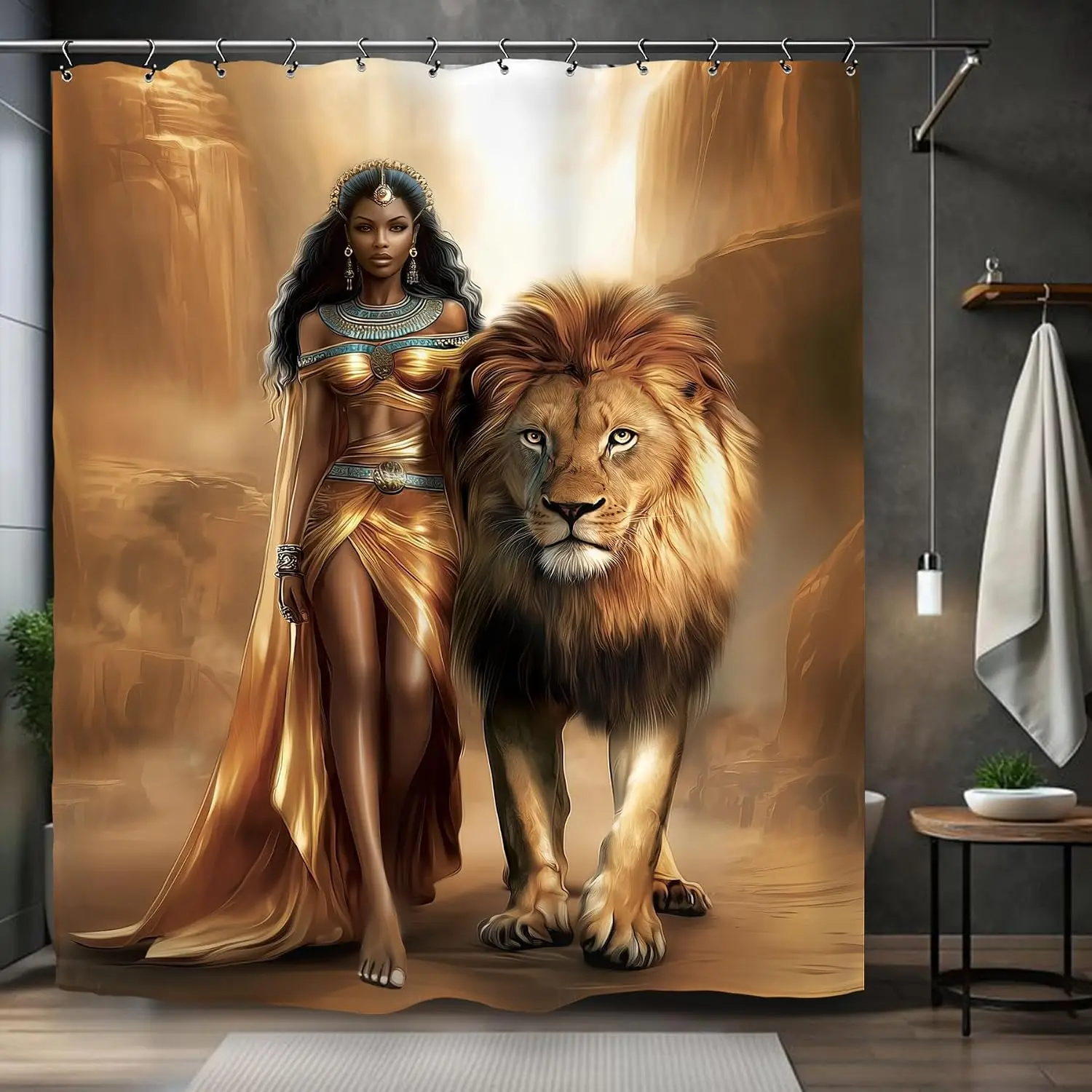 Dramatic Goddess Lion Pair Shower Curtain Bathroom Decor Luxury Tropical Mythology Queen Animal Print Polyester Curtain for Mode