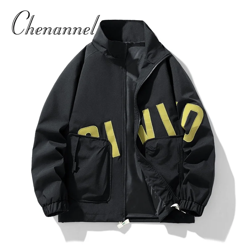 

Men's black letter large pocket jacket Spring and Autumn new letter printed stand-up collar slimming jacket trendy and cool