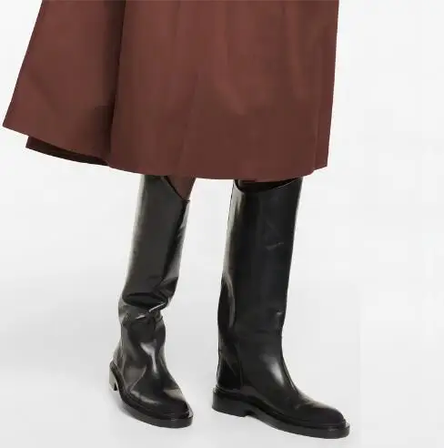 Size 32 Women Black Brown Genuine Leather Round Toe Flat Knee High Boots Female Irregular Calf Slip On Leisure Long Botas Shoes