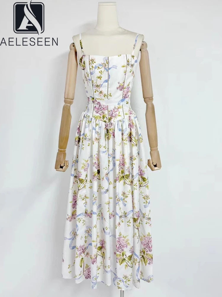 

AELESEEN Sicilian Summer Midi Dress Women Spaghetti Strap Floral Print Slim Elegant Midi Party Holiday