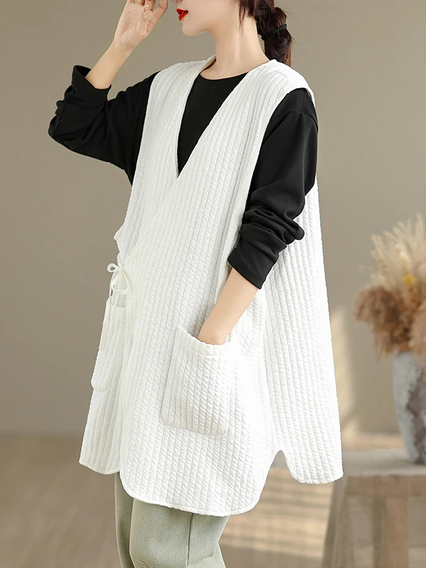 

Retro Lightweight Chinese Sle Cotton Vest Women's V-Ne Belted Quilted Cotton Side Buttoned Open Cardigan Top