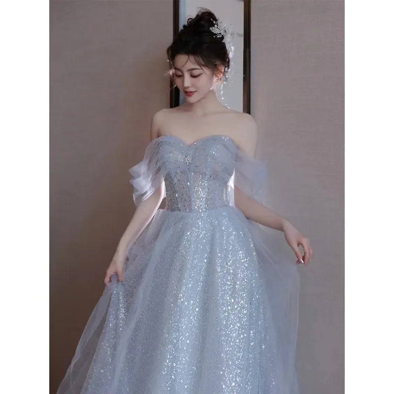 فستان سهرة أزرق بكتف واحد للنساء، تنورة طويلة لحفلات أعياد الميلاد للبالغين #4