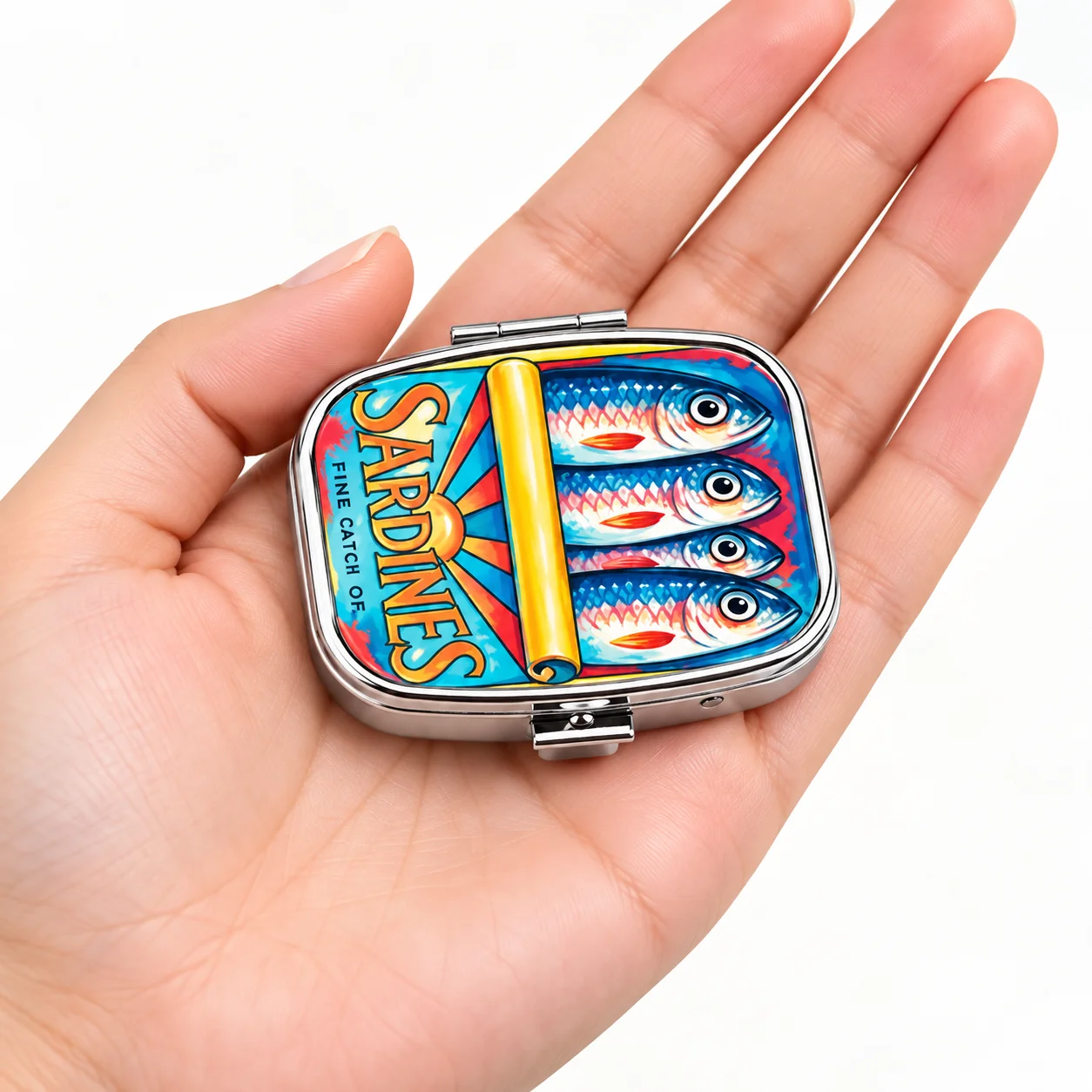 Sardines Print Metal Pill Box Compact Medicine Case Travel 2 Compartment Pill Organizer Pocket Vitamin Tablet Storage Container
