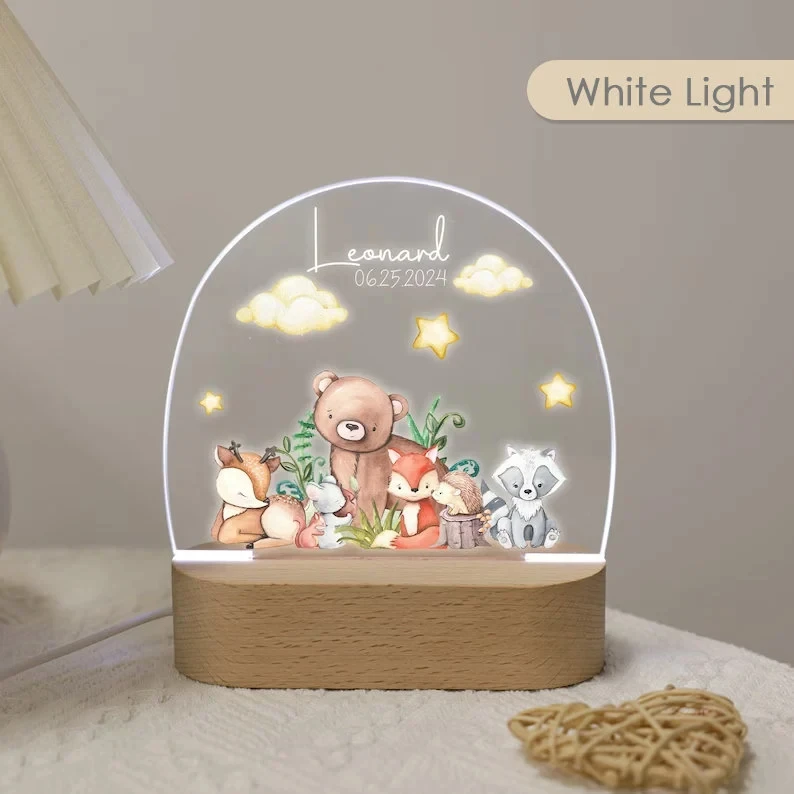 Cute Bear Custom Name Light, Animal Acrylic LED Light Wooden Base, Baby Gift 1st Birthday, Personalized Night Light with Motif