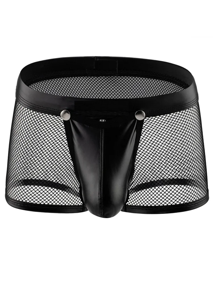 

Sexy Men Mesh Transparent Boxers PU See Thorugh Wild U Convex Pouch Boxers Panties Breathable Bulge Pouch Sissy Underpants