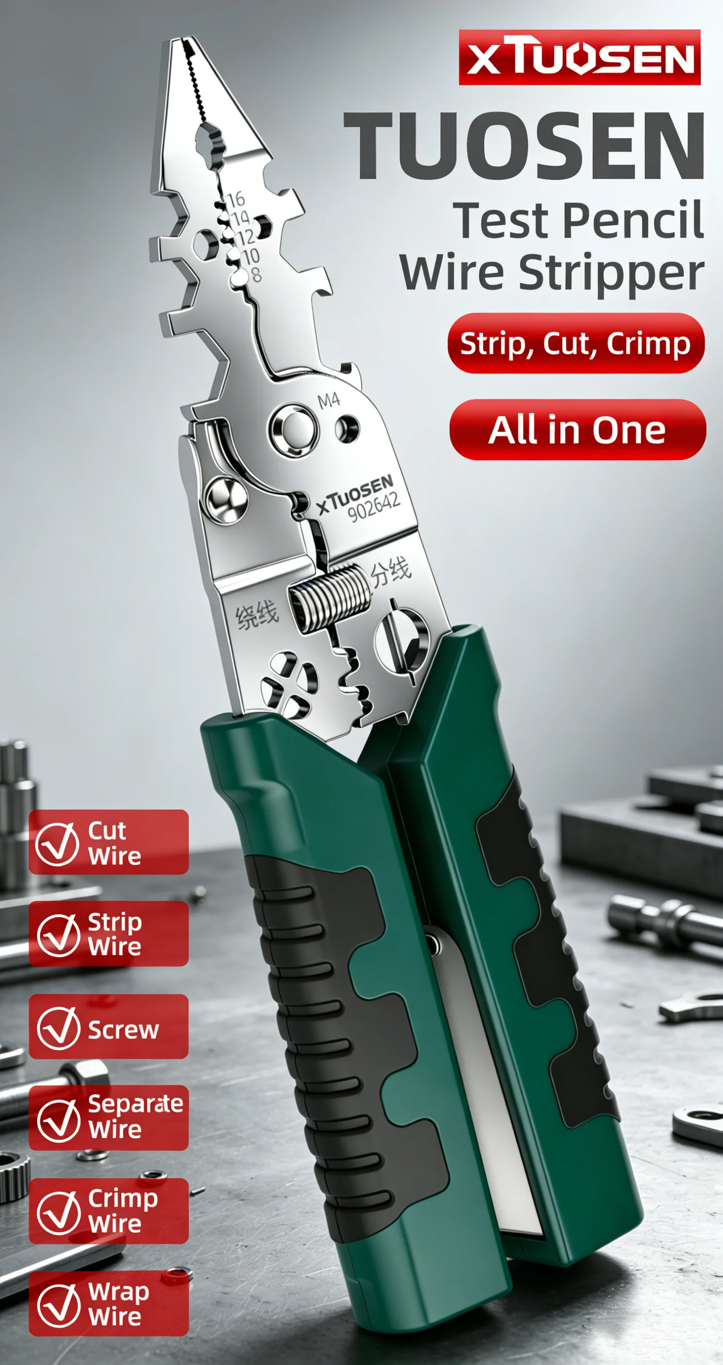 TUOSEN Electrician Multi-Tool Folding Wire Stripper Pliers with Voltage Tester for Cable Stripping and Peeling