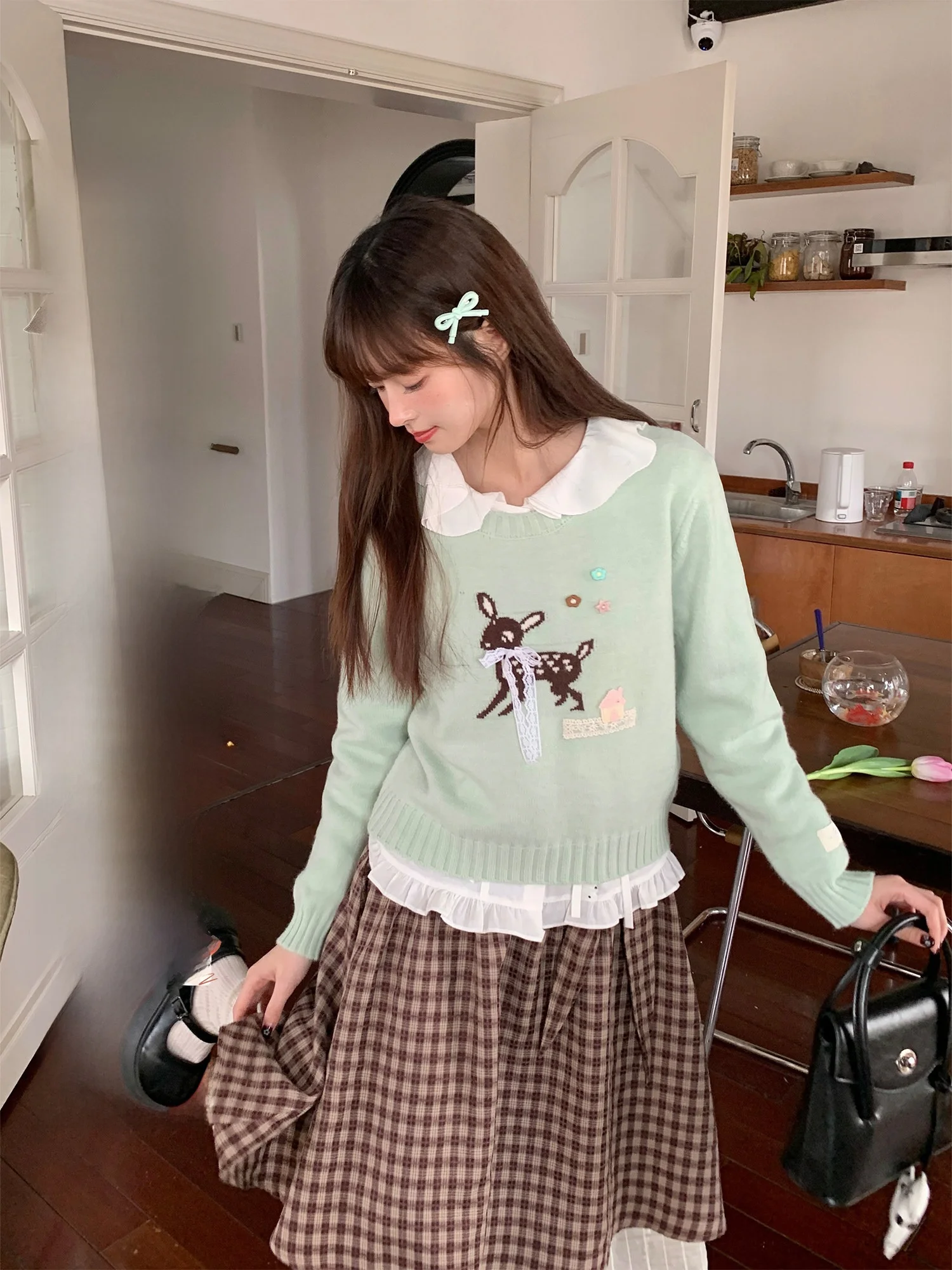 

BibiBency Casual Vintage Mint Green Deer Knitted Sweater Jacket Women Spring Base Layer Shirt Loose Fit Long Sleeve Knitted
