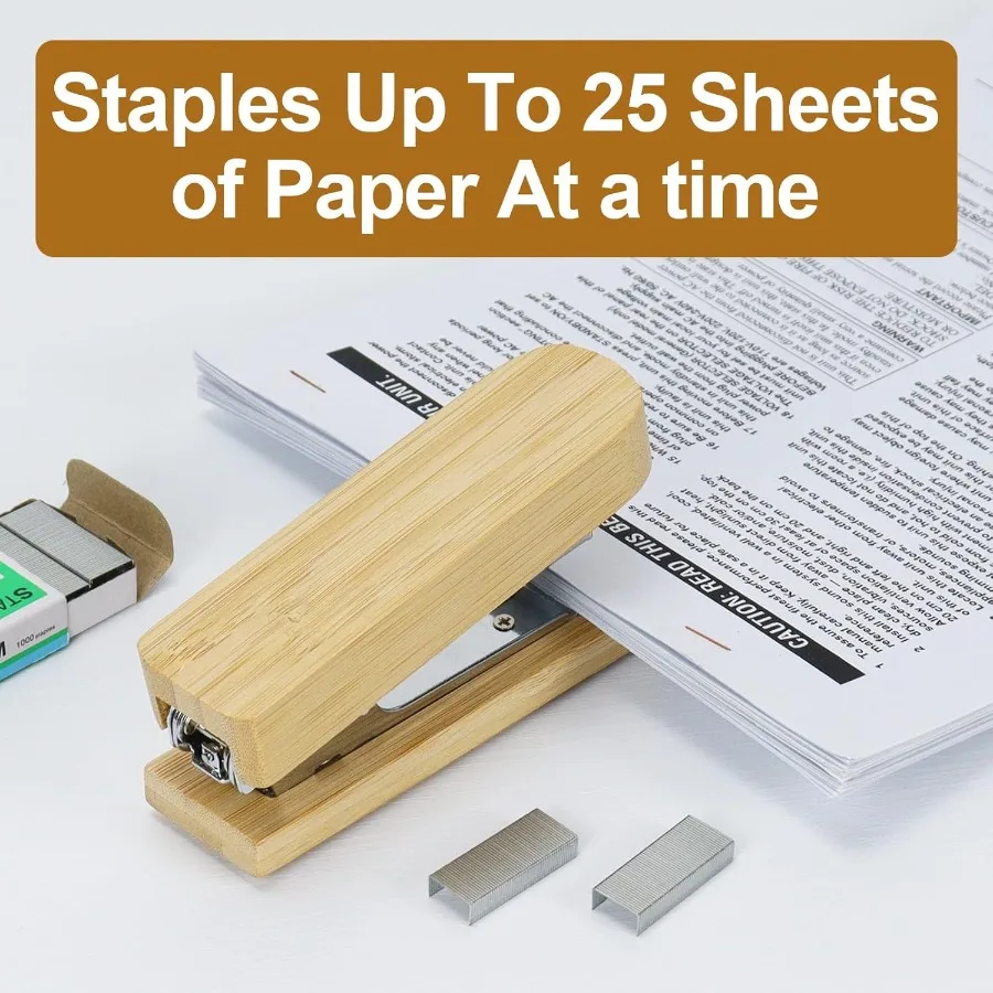 Bamboo Wood Stapler for Desk Heavy Duty 25 Sheet Capacity Vintage Wood Stapler with 1000 Staples Office Desktop Staple Desk Acc