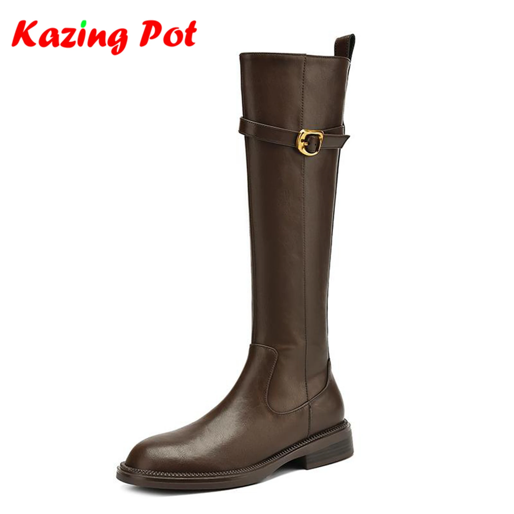 

Krazing Pot Cow Skin Round Toe Thick Low Heels Riding Boots British School Zipper High Street Fashion Luxury Thigh High Boots