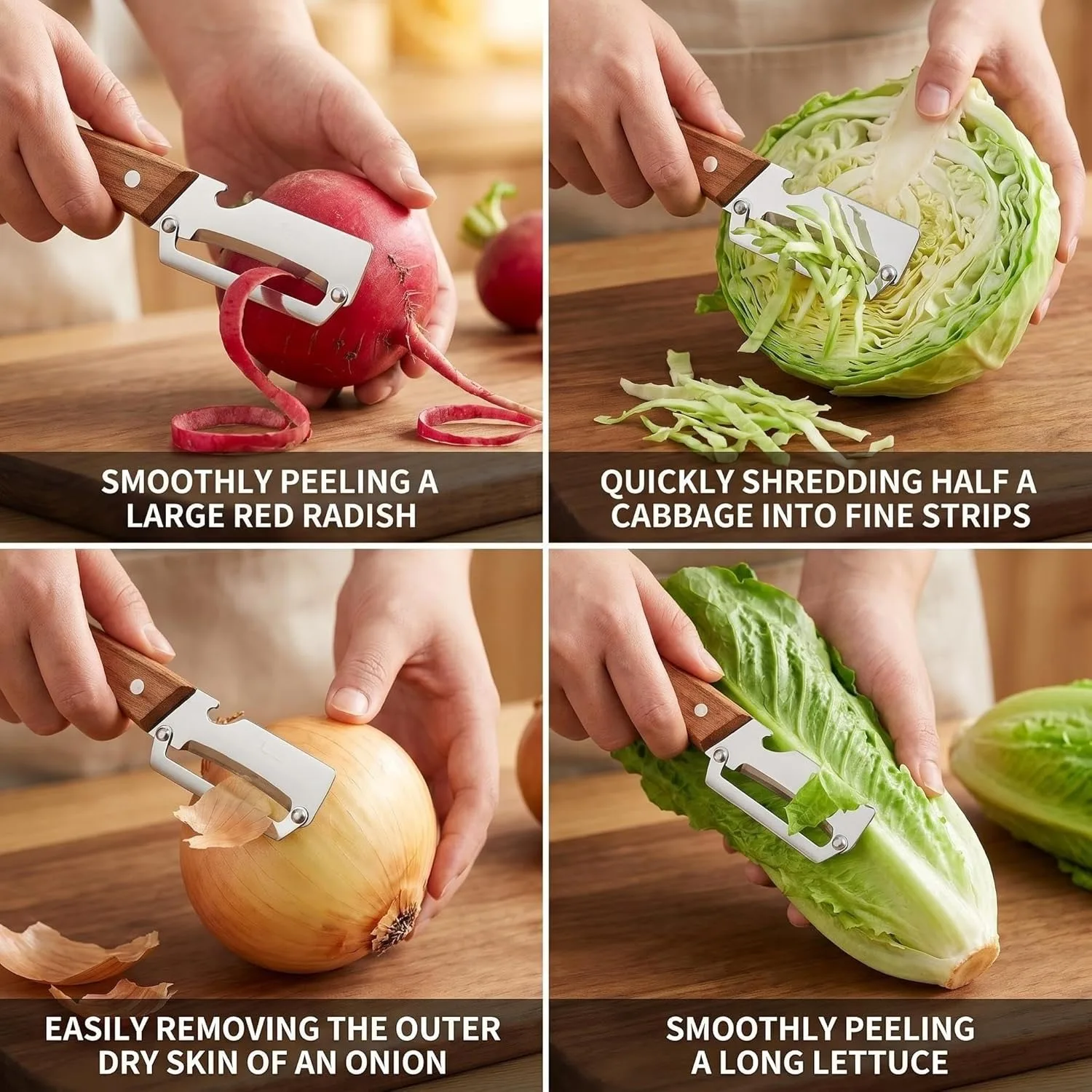 Vegetable Peeler Stainless Steel with Wooden Handle, Ultra Sharp Potato & Fruit Peeler, Multifunction Kitchen Tool with Bottle Opener, Vegetable Cutter & Slicer Handheld (2 Pcs)