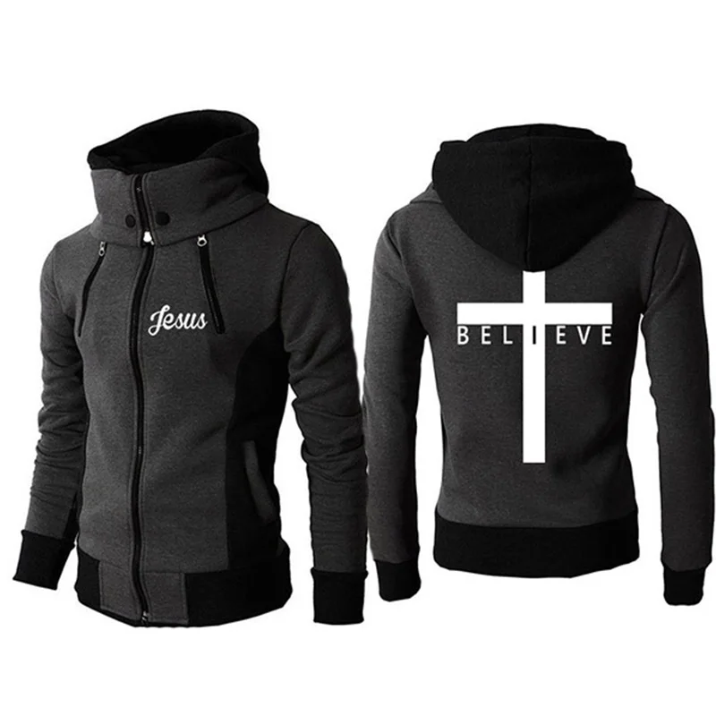 Mens Jesus Cross Printed Hoodies Personality Double Zipper Design Jackets High Quality Male Winter Thickening Warm Hooded Coat