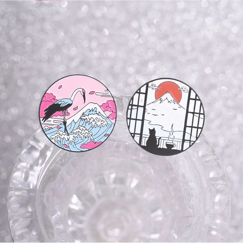 Landscape Brooches Cartoon Kanagawa Waves Cranes Metal Badges Small Gifts Wholesale Lapel Pins for Caps Brooch Cap Pin Backpacks