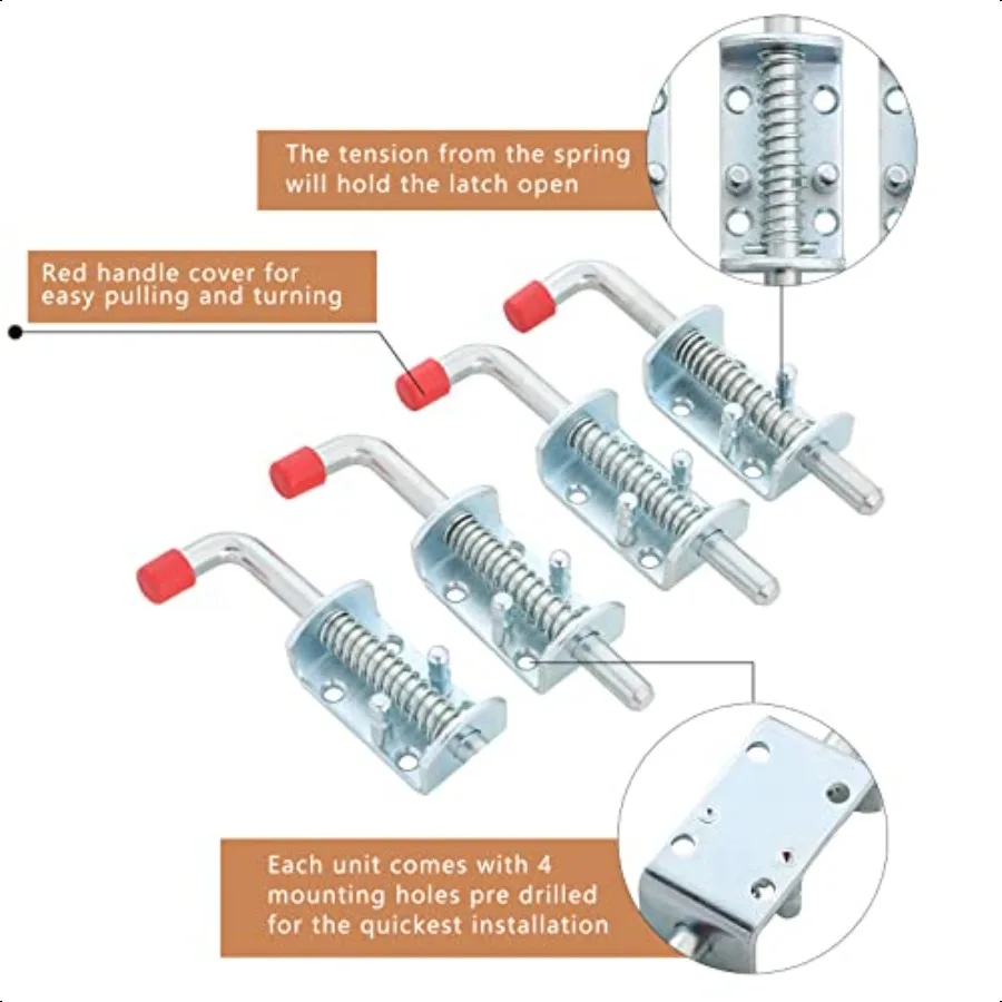 Kunci Logam Model Barrel Bolt dengan Pegas Pengunci 6.5 inci Panjang dengan Pegangan, Tugas Berat untuk Gerbang, Pintu Gudang, Pintu Belakang Trailer, Garasi, 4 Ukuran