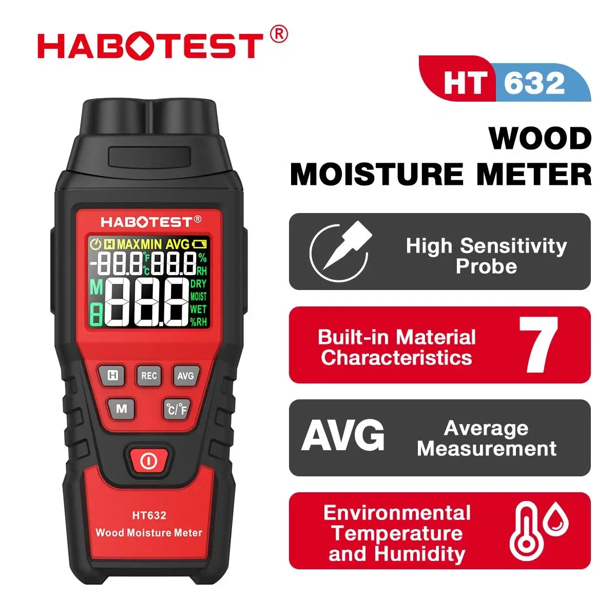 HABOTEST HT632 Digital Wood Moisture Meter Wall Water Tester Humidity Meter Two Pins Hygrometer Concrete Cement Brick Detector