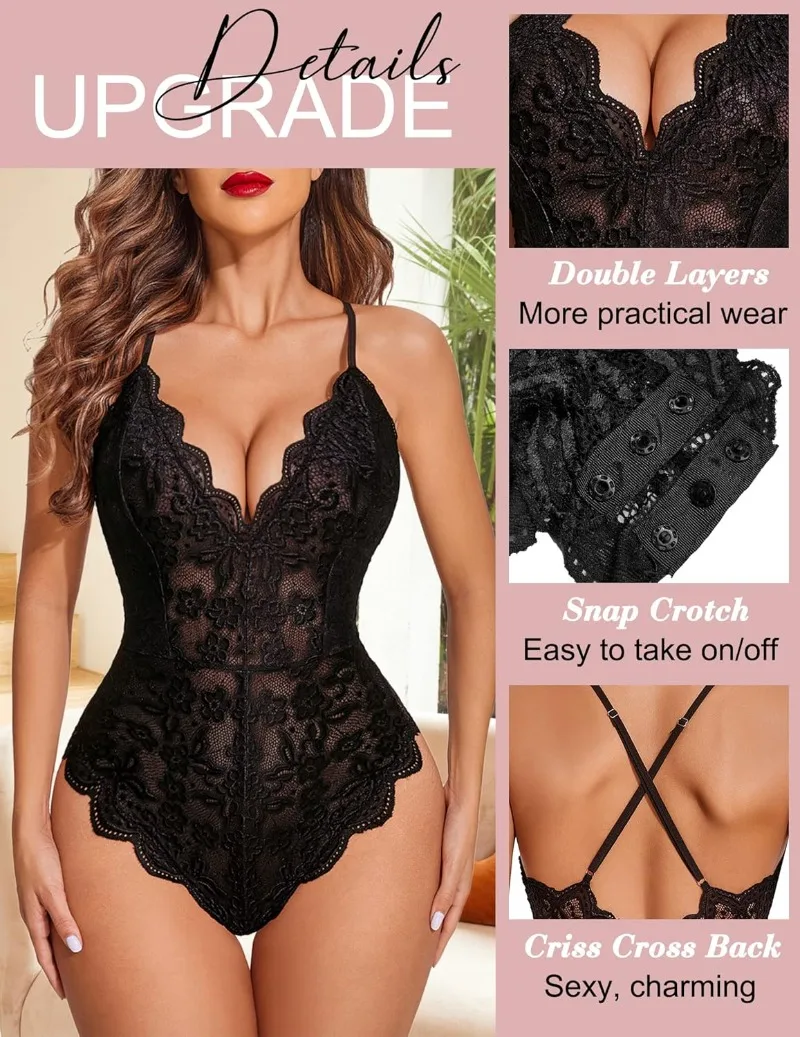 Lingerie Sexy Women One Piece Lingerie Deep V Teddy Sexy Lace Bodysuit Snap Crotch Babydoll  Plus Size Lingerie for Women