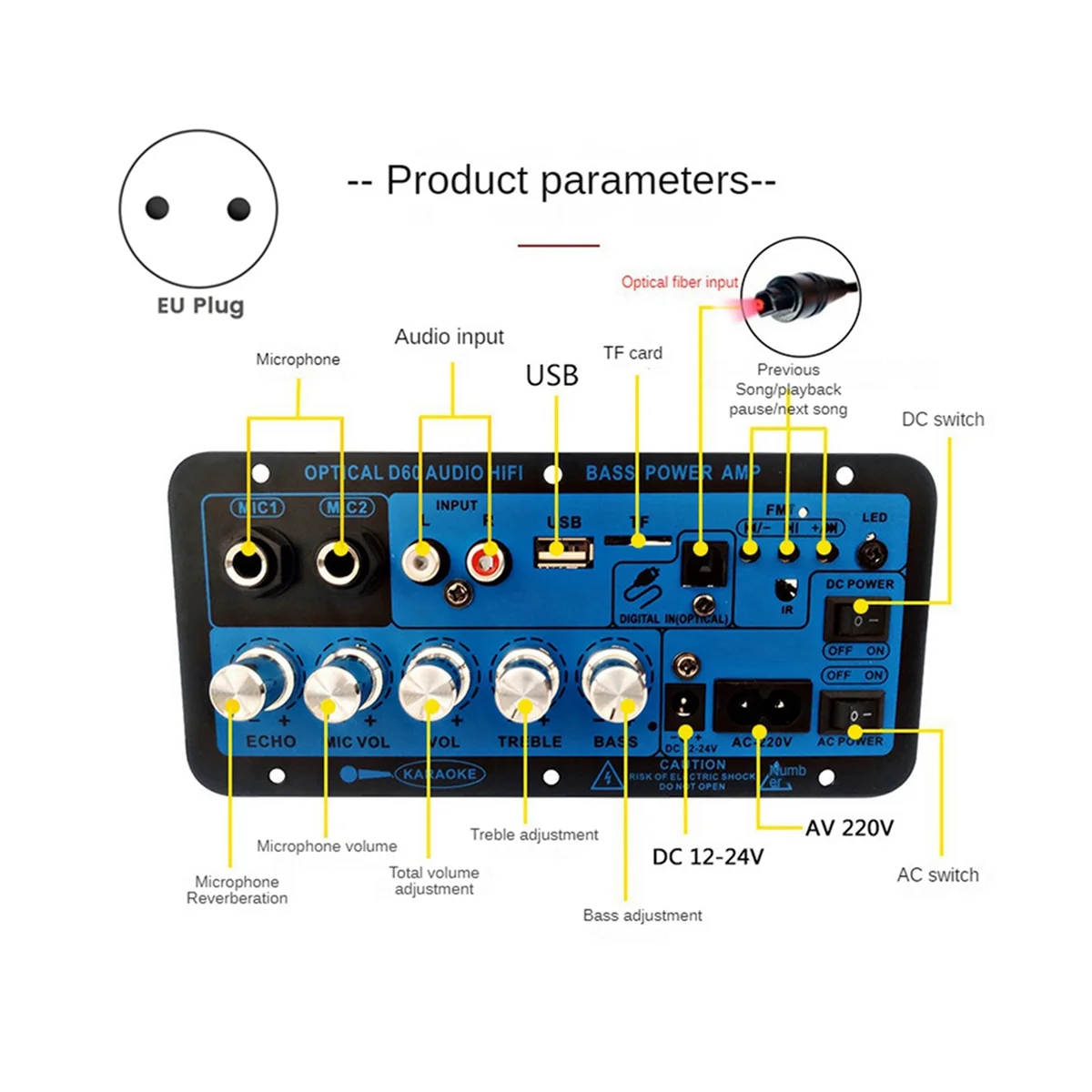 D60 50W Subwoofer Power Amplifier Board with Optical Audio 12V24V220V Bluetooth Audio Amplifier Board for Audio EU Plug