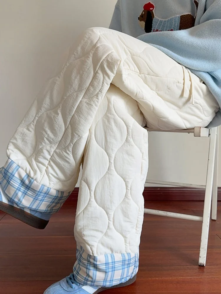 

Thiened Plaid Patchwork Winter Cotton Pants Men's Loose Straight Casual Long Trousers Gourd Pattern Outerwear Warmth Protec...