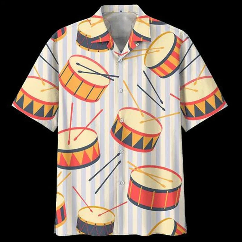 Kemeja Hawaii Motif Drum untuk Pria, Cetak 3D, Pola Drum, Kemeja Aloha Musim Panas, Atasan Lengan Pendek, Fashion Jalanan, Blus Kasual