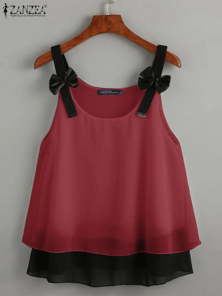 Zanzea Frauen Sommer Bowknot Tanktops Spaghetti träger Tuniken lässig Farbe Patchwork Camis Vintage süße gefälschte 2 Stück Westen