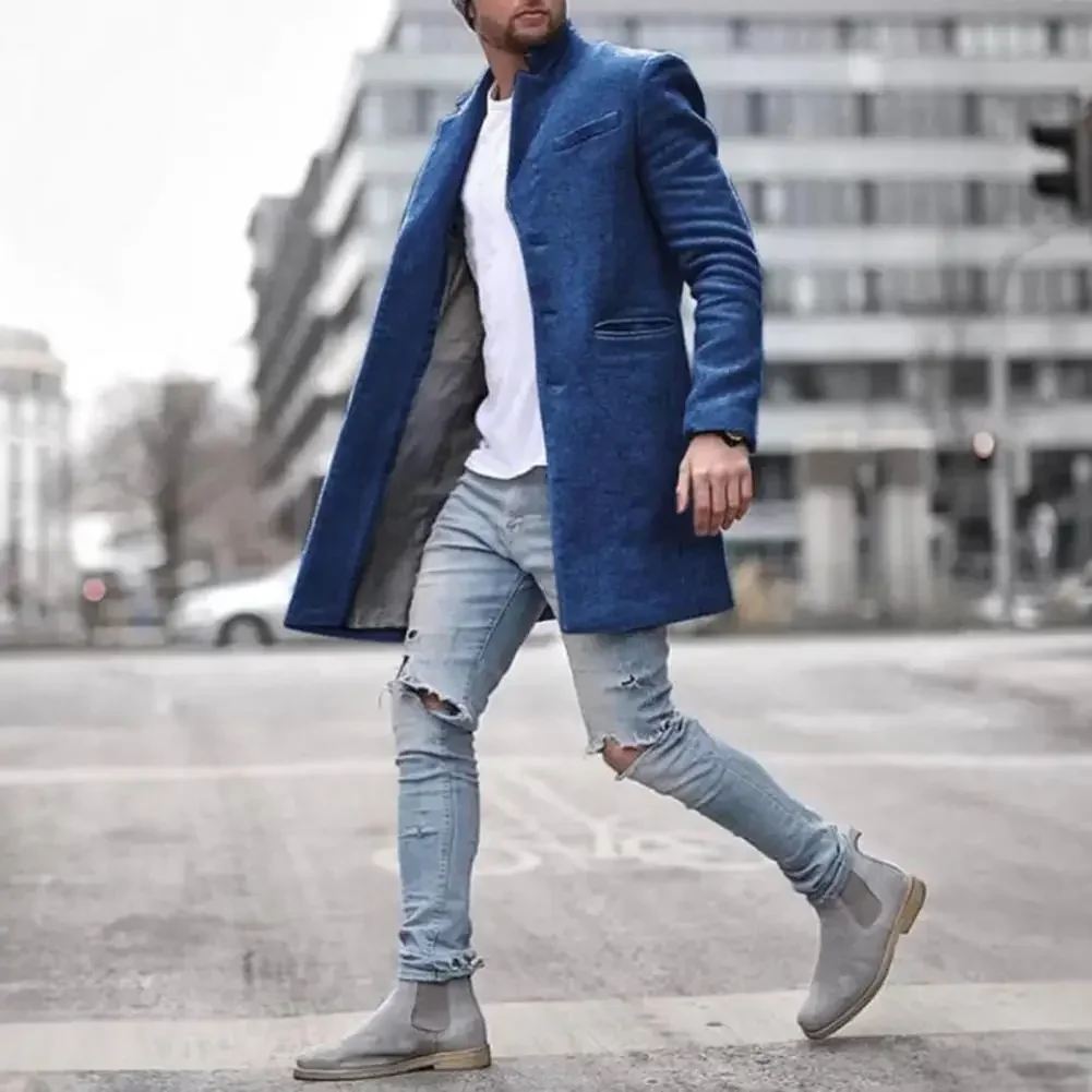 Men Woolen Coat Men's Woolen Coat with Lapel Side Pockets Long Sleeve Mid-length Overcoat in Solid Color Single for Winter