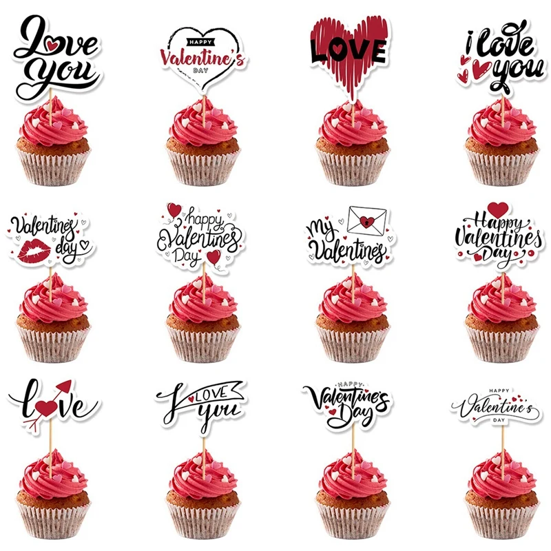 48Pcs Valentine's Day Cake Toppers- Happy Valentine's Day Party Supplies Valentine's Day Supplies Valentines Cake Decorations