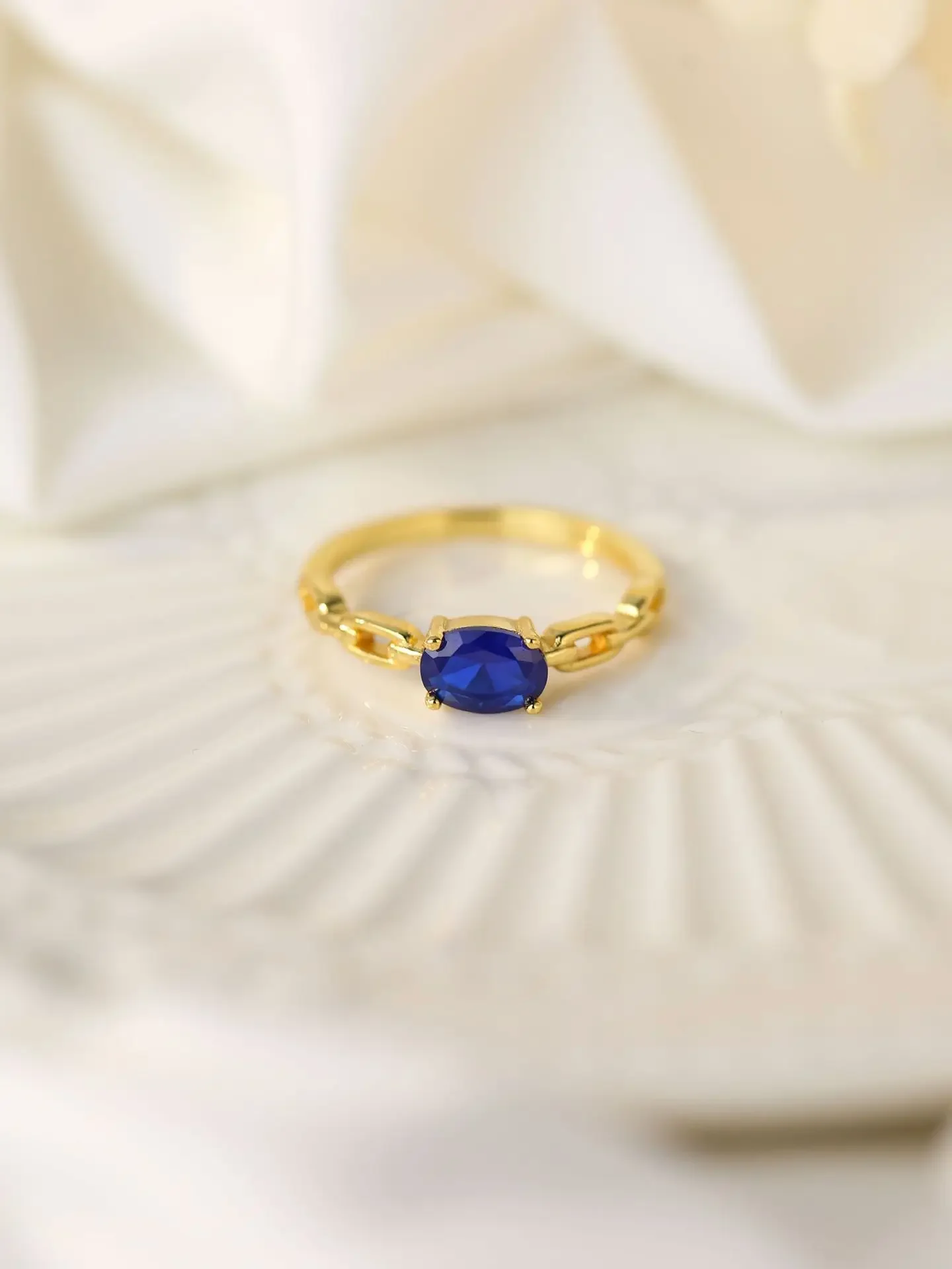 Farny 100% 925 Silver "4 claws sapphire" ring with golden color Senior party ring with elegant style for ladies