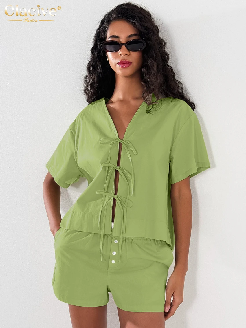 Clacive ฤดูร้อนหลวมผ้าฝ้ายสีเขียว 2 ชิ้นชุดผู้หญิงแฟชั่นเสื้อแขนสั้นเอวสูงชุดสั้นหญิง Streetwear