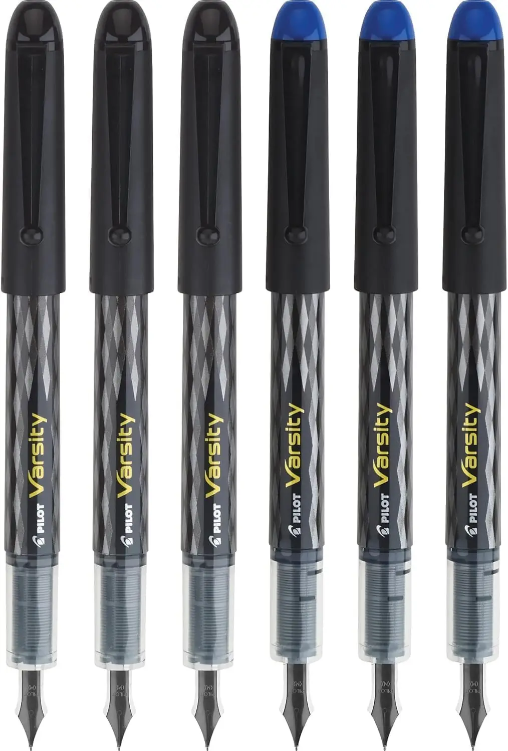

Precise Varsity Pre-Filled Fountain Pens, Medium Point 1 mm Stainless Steel Nib, Black/Blue, 6-Pack