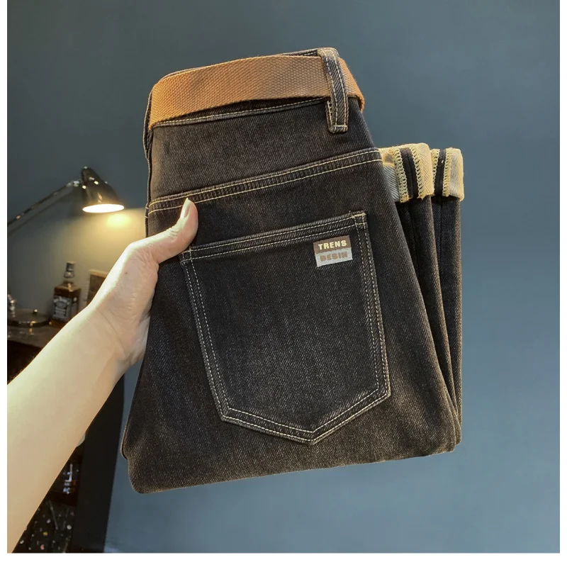 

Winter Plush Men's Jeans Trendy New Thickened Warm Men's Clothing Elastic Soft Comfortable Slimming Small Foot Men's Pants