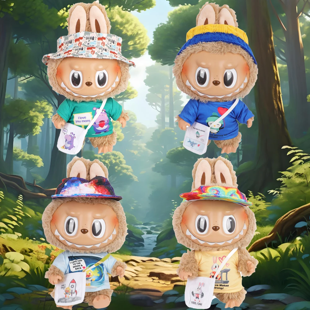 38-40cm Big LABUBU Doll Clothes Set Cute Cartoon T-shirt+Bag+Hat Cloting Suit For Big Labubu Dolls Cotton Toy Accessories Gift