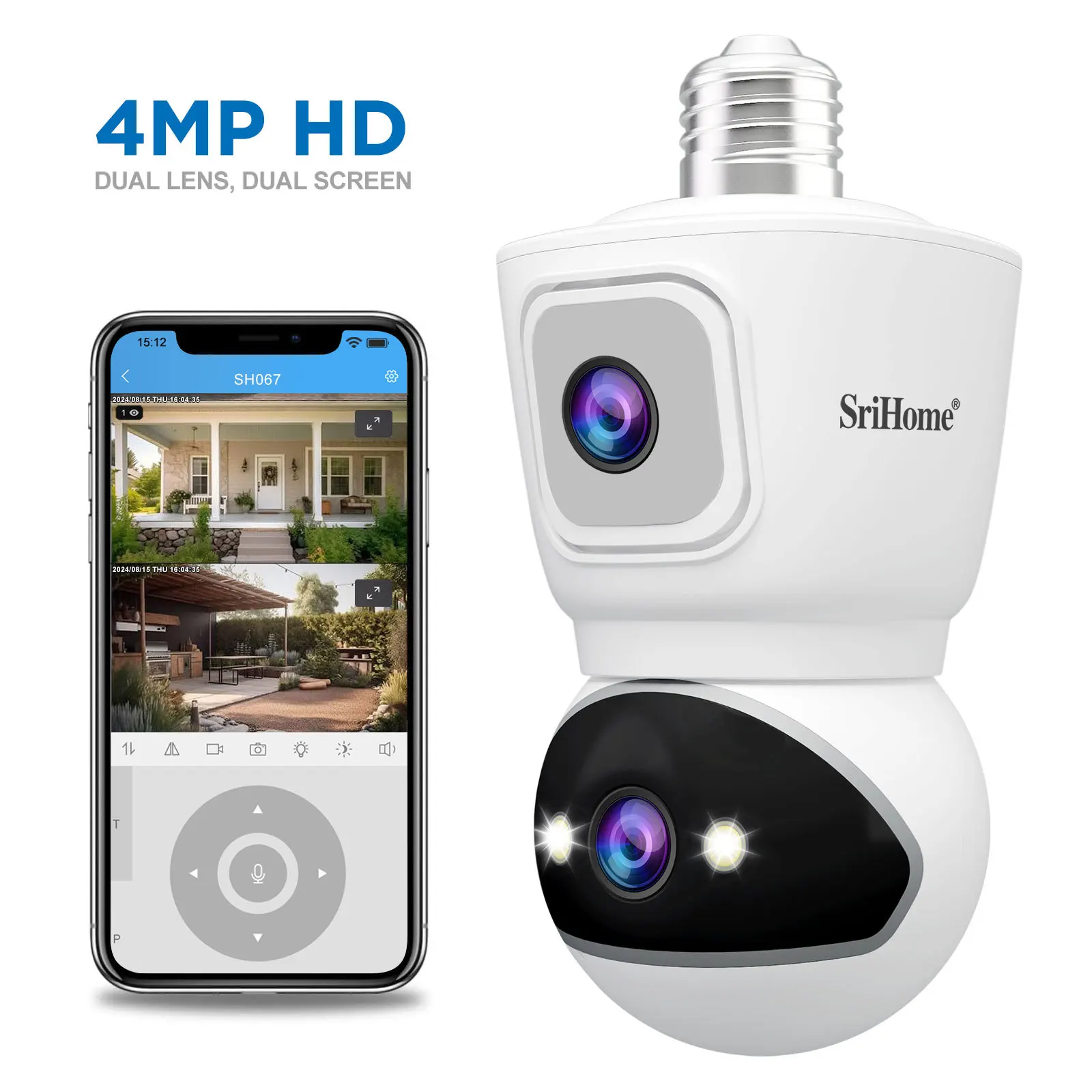 Srihome SH067 4MP Full Color Dual Lens Wireless PTZ IP Dome Camera E27 AI Humanoid Detection Home Security CCTV Baby Monitor