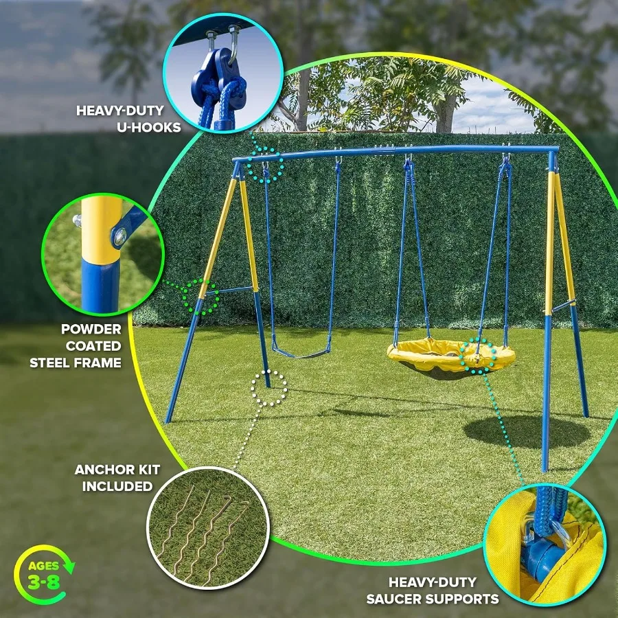 Ensemble de jeu et de balançoire en métal pour balançoire à ceinture et balançoire soucoupe avec toboggan