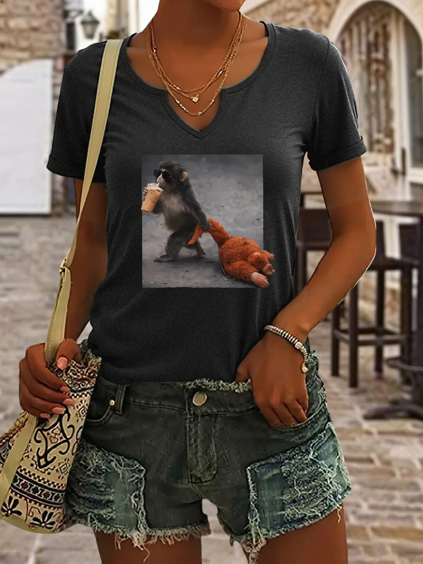 Women's Summer V-Neck Short Sleeve T-Shirt, Cool Monkey with Sunglasses & Iced Coffee Dragging Plush Print, Funny Casual Top
