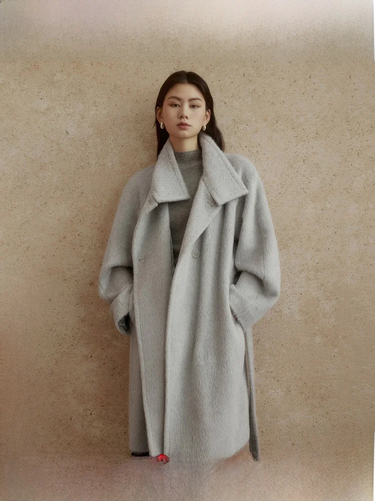 

ZhiZhi XianTing Women's Woolen Coat Stand Collar Long Sleeve Mid-Length Winter Fashionable Small Size Camel Hair Jacket