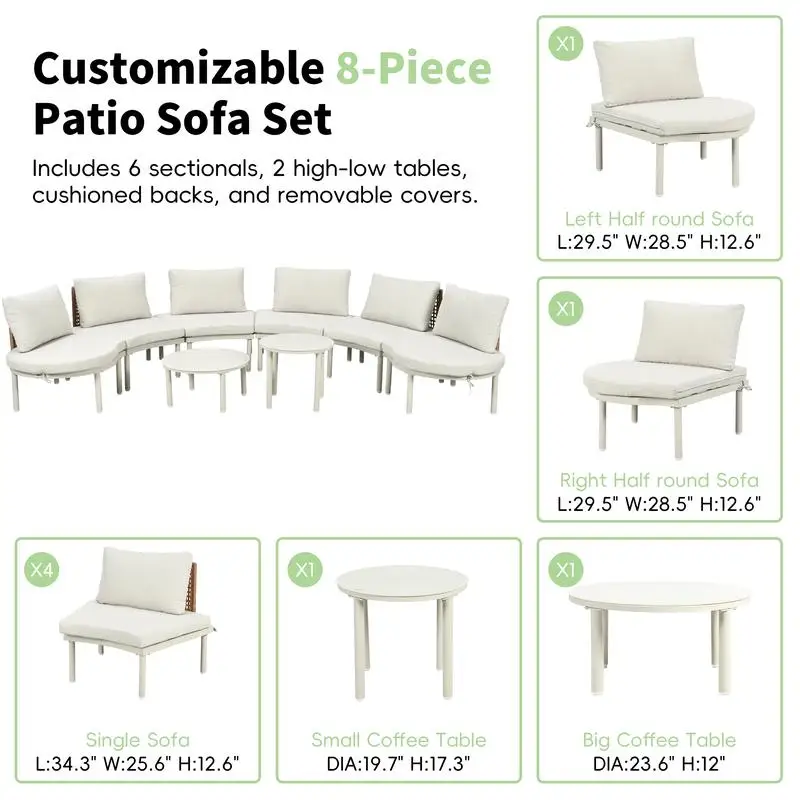 8-Piece Outdoor Sectional Sofa Set, Half Moon Design with 2 Adjustable Coffee Tables, PE Wicker Rattan, Tempered Glass,