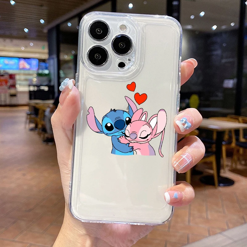 Couples Anime Stitch Transparent Mobile Phone Case for X XR 11 12 13 14 15 16 Plus Pro Max Kawaii All-inclusive Protective Cover