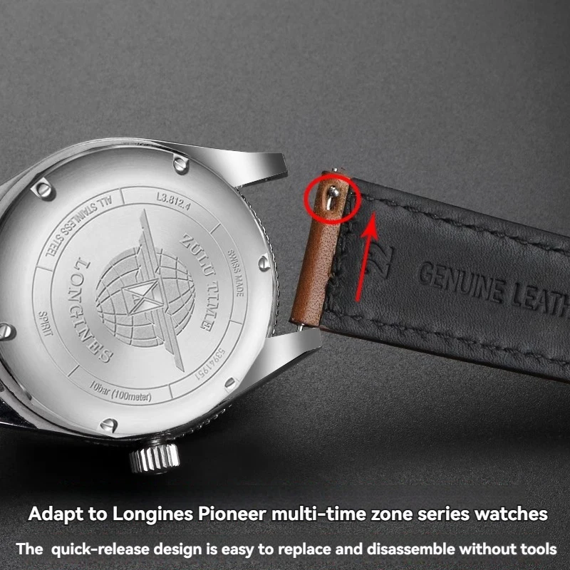 22mm Cowhide Watch Strap for Longines Pioneer Multi Time Zone L3.812 L3.82.4 Series Breitling Huawei GT3 GT4 46mm Men Wristband