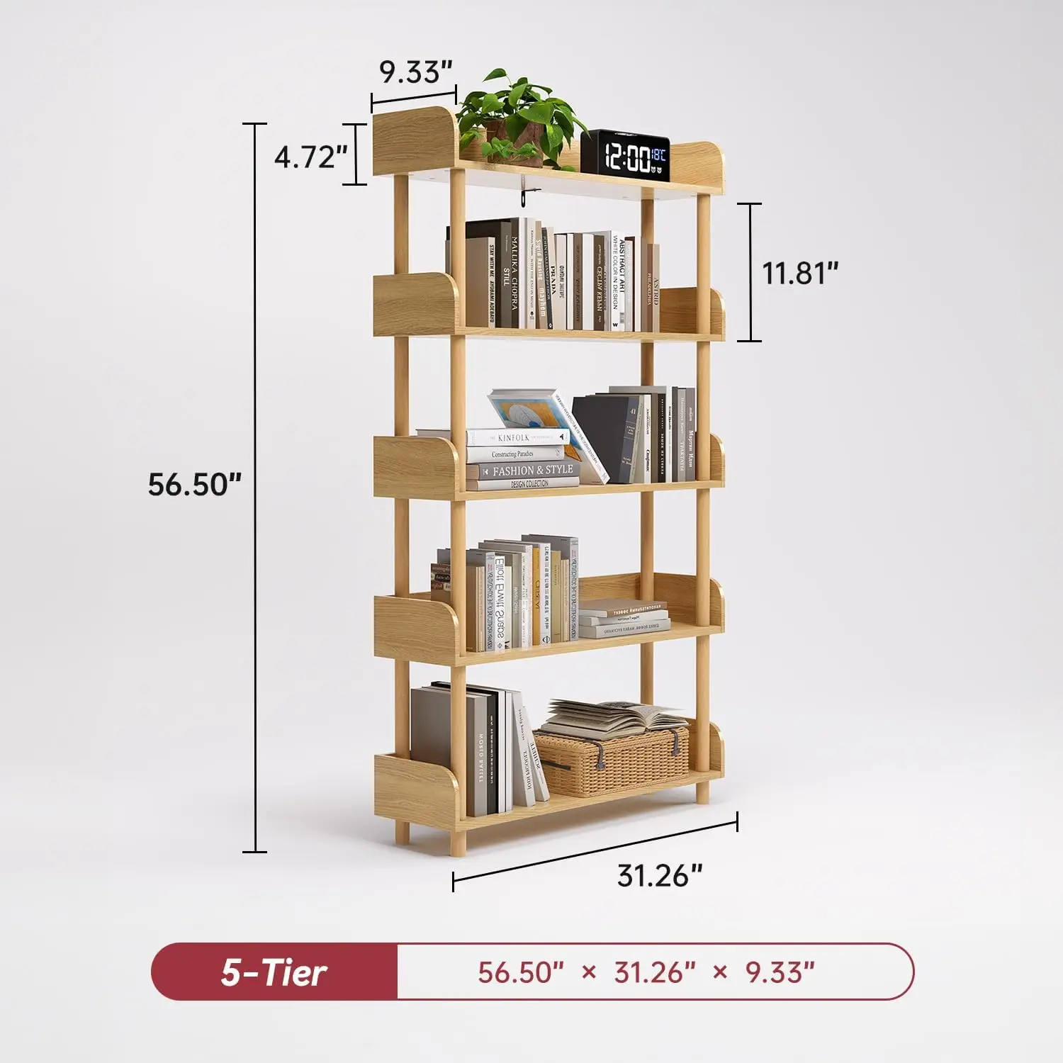 Oneinmil 5-Tier Wooden Open Bookshelf, Modern Display Shelf With Standing Storage Rack, Multifunctional Bookcase For Home And