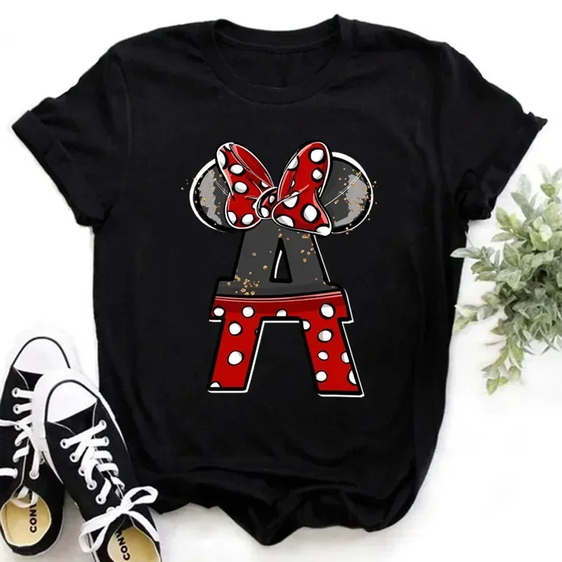 

2024 Streetwear Clothing Minnie Mouse Red Gold Grey Black Glitter Hand-drawn Letters A-Z Print Girls T-shirt Black Y2k Tops