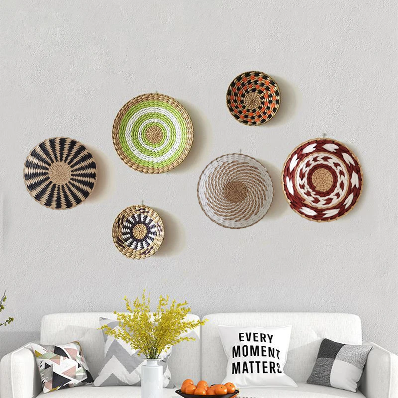 Nordic Rattan Grass Weaving Plate Wall Hanging Round Woven Cattail Straw Iron Frame Pendant Ornament Background Home Decoration