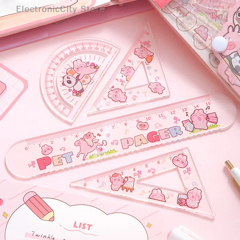 1Set Cute Transparent Measuring Trigonometric Straightedge Protractor Student Essential Measuring Acrylic Ruler School Supplies