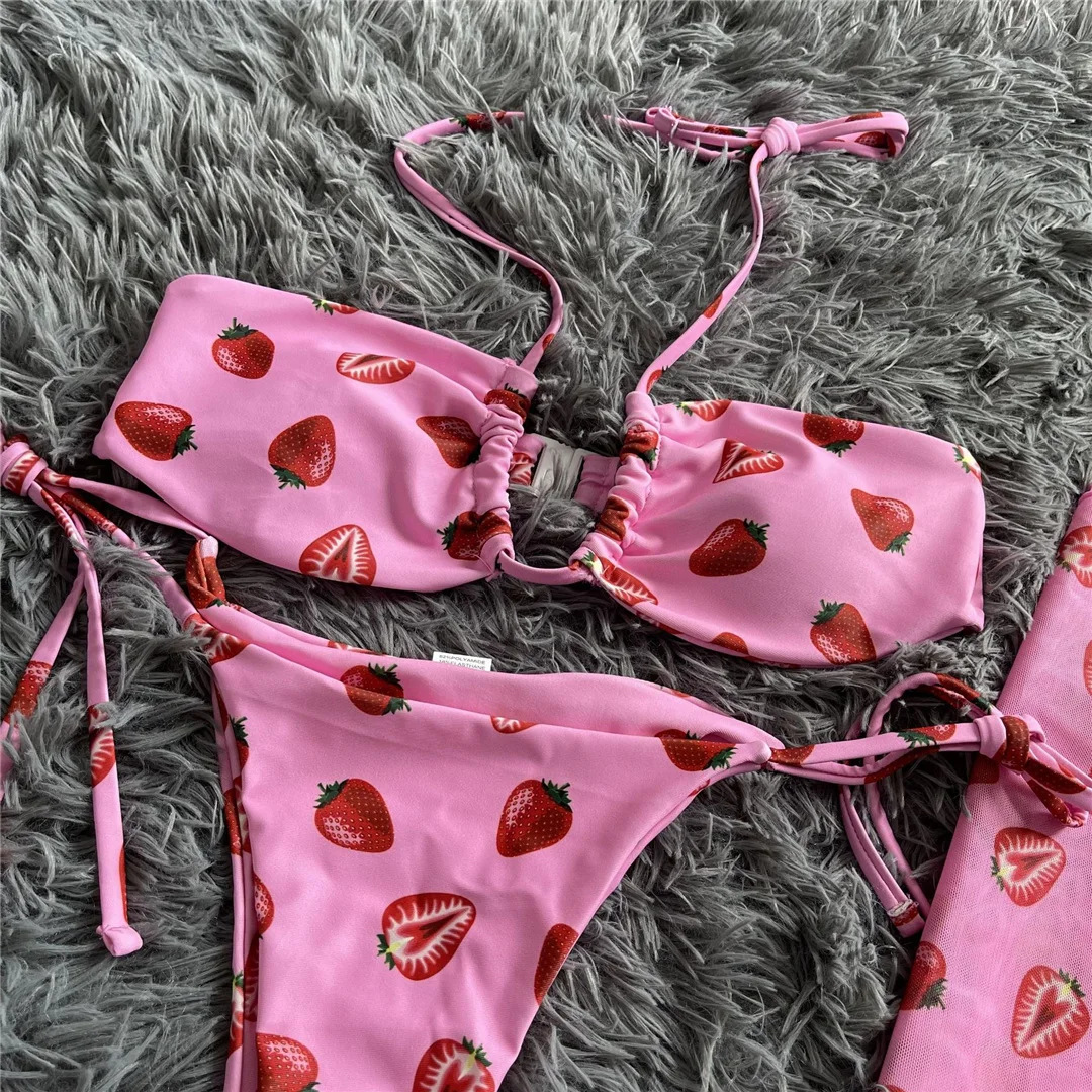 Neu mit Sarong-Print, Neckholder-Bikini, Damen-Badeanzug, dreiteiliges Bikini-Set, Badebekleidung, Badeanzug, Damen-Bikini V4156 – Detail 16