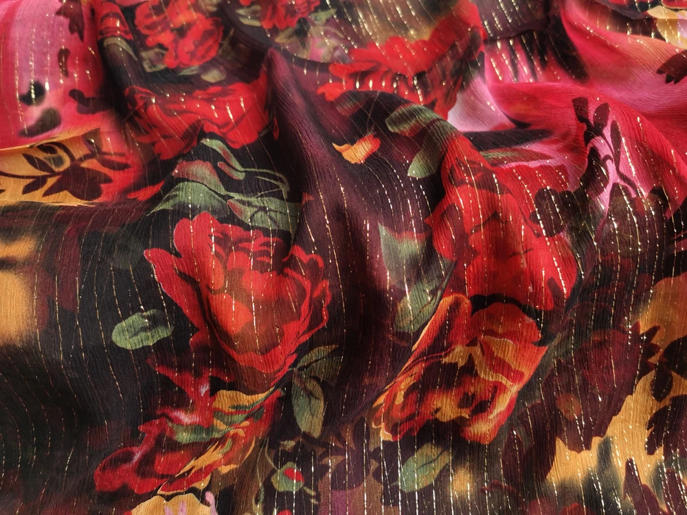 50cm*114cm Romantic Rose Print Silk Crepe Chiffon Fabric Metallic Style Summer clothing Material