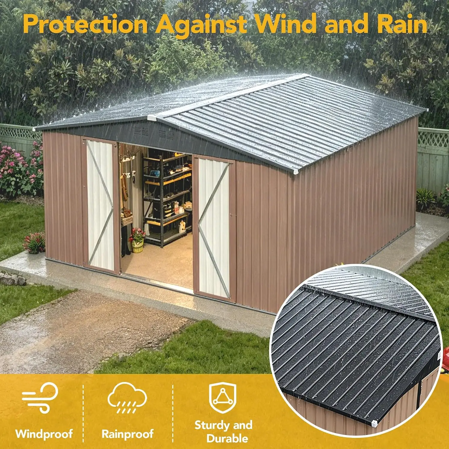 14x12FT Outdoor Storage Shed Sloping Roof Lockable Door Galvanized Metal Backyard Garden Patio Lawn, Customized
