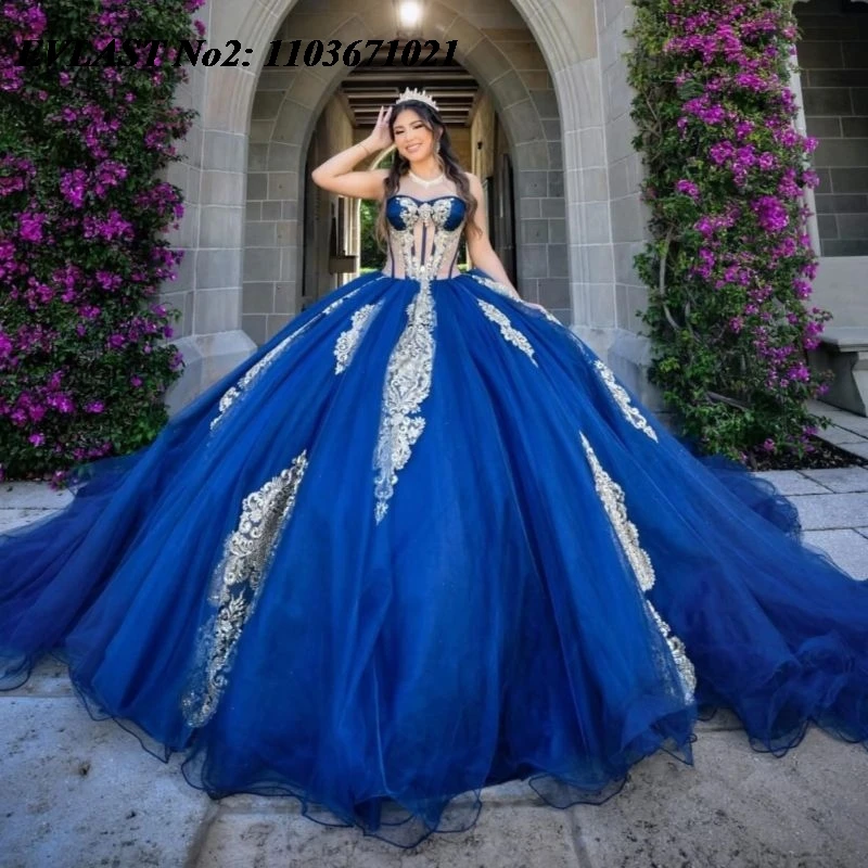 Evolt personalizado brilhante azul real quinceanera vestido de baile ouro applique miçangas espartilho doce 16 vestidos 15 anos e2qa188