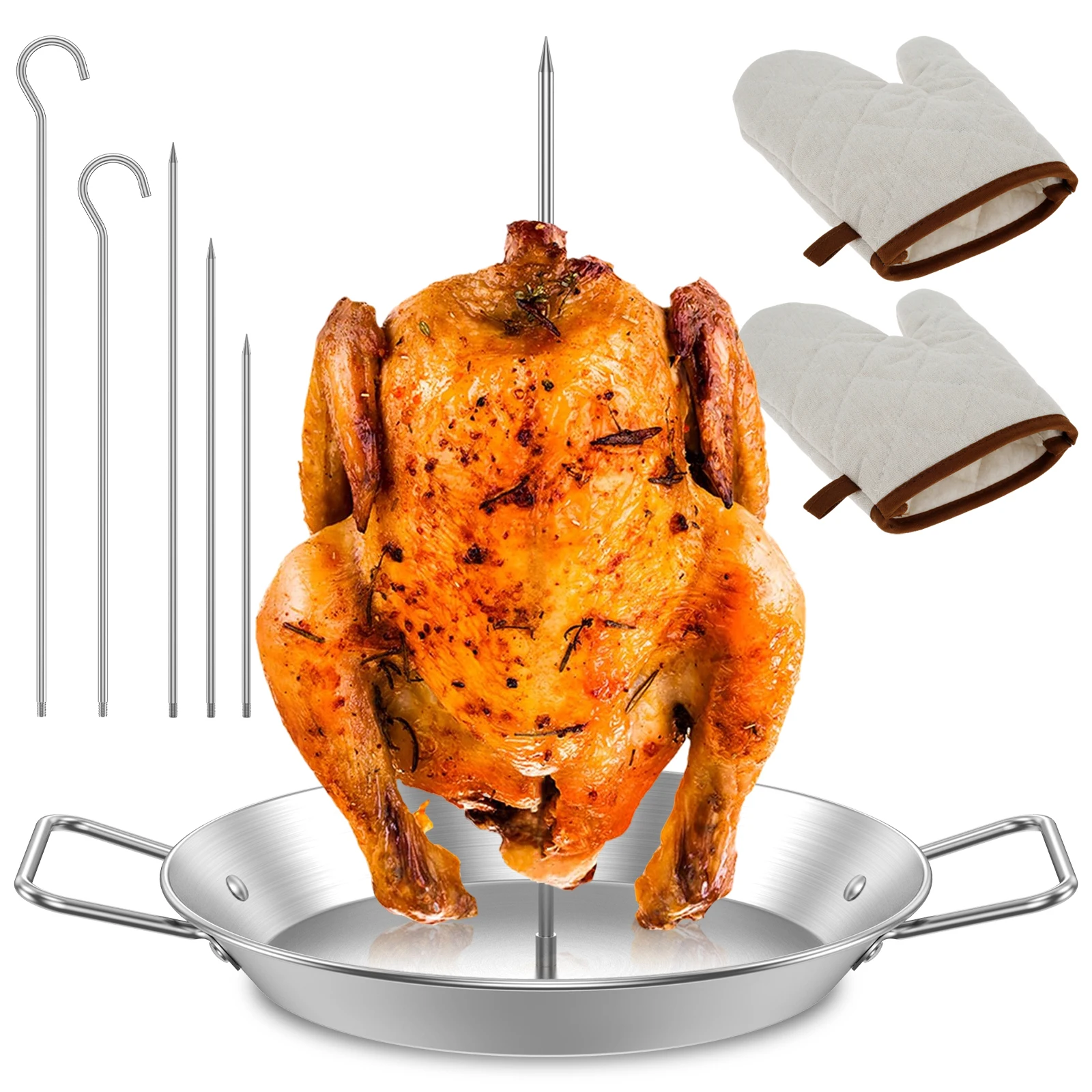 

Al Pastor Skewer with 3 Removable Spikes 2 Grill Hooks and Gloves Stainless Steel Vertical Skewer Pan BBQ Vertical Spit Stand